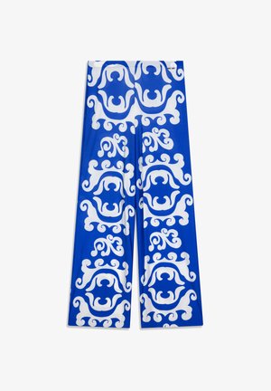 Pantalon bleu à jambes larges avec un motif blanc tourbillonnant, confectionné dans un tissu lisse à texture extensible. Aucune quincaillerie ni accent visible.