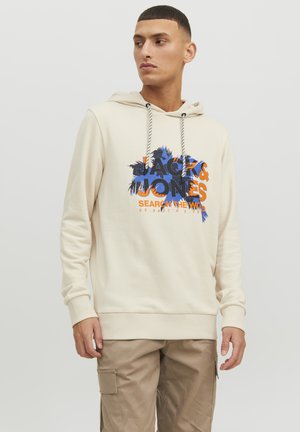 Beige hoodie with a front graphic in blue and orange, featuring "JACK & JONES" text. Drawstring hood and ribbed cuffs. Basic design.