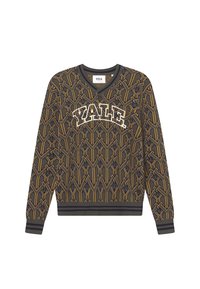 Maglione a V con un motivo geometrico in marrone, giallo e blu navy. Logo "YALE" in bianco sul petto. Polsini e orlo a coste.