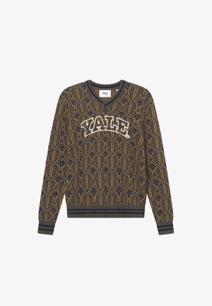 V-hals trui met een geometrisch patroon in bruin, geel en marineblauw. "YALE" logo in het wit over de borst. Ribgebreide manchetten en zoom.