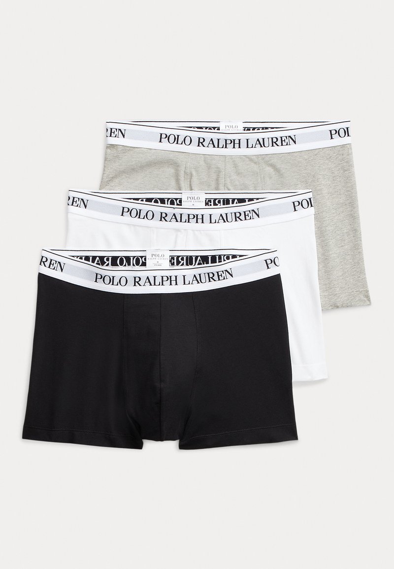 Tři páry boxerů: černé, bílé a šedé. Elastické pasy s logem "POLO RALPH LAUREN". Hladká bavlněná látka, tvarovaný design.