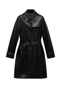 Schwarzer Leder-Trenchcoat mit einem doppelt knöpfbaren Design, breitem Kragen, tailliertem Gürtel und geknöpften Manschetten. Glatte Textur und eleganter Schnitt.