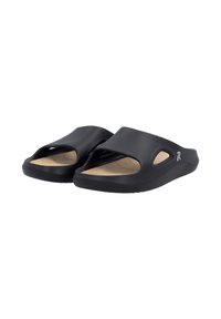 Sandales noires à semelle ouverte, en matériau synthétique lisse, avec une semelle intérieure rembourrée de couleur marron clair en contraste. Présente un design découpé sur les côtés.