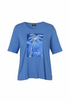 Blaues T-Shirt mit kurzen Ärmeln und glänzendem quadratischem Motiv einer weißen Palme sowie handgeschriebenem Text mit der Aufschrift „look up the sun“.