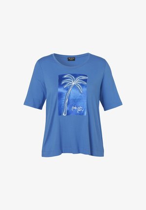 Blauw T-shirt met korte mouwen met een glanzende vierkante afbeelding van een witte palmboom en handgeschreven tekst met de woorden "look up the sun".
