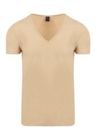 Beige T-shirt met korte mouwen en een V-hals, gemaakt van zachte stof. Heeft een label bij de halslijn, wat zorgt voor een eenvoudige en schone uitstraling.
