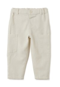Pantaloni cargo in cotone beige con cintura elastica, dotati di due tasche laterali e chiusura a bottone frontale. Tessuto liscio, gamba dritta.