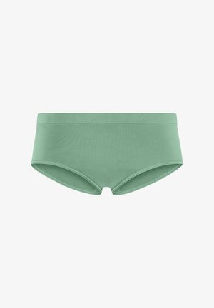 Zielone bawełniane majtki hipster z gładką teksturą, elastycznym pasem i niskim stanem. Bez widocznych wzorów czy akcentów.