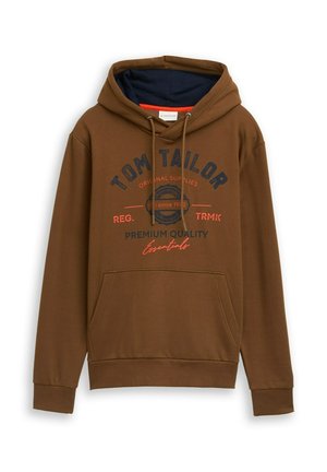 Sudadera con capucha marrón y bolsillo frontal, con texto impreso en azul marino y rojo. Incluye cordones y un interior azul contrastante.