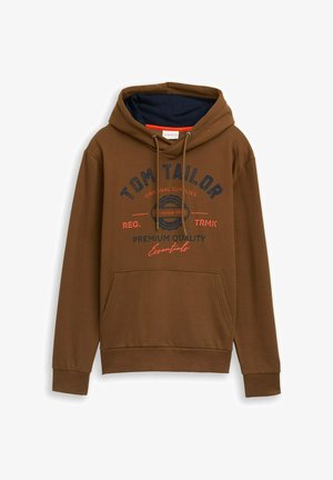 Brun huvtröja med ficka fram, med tryckt text i marinblått och rött. Inkluderar snörning och en kontrasterande blå insida.