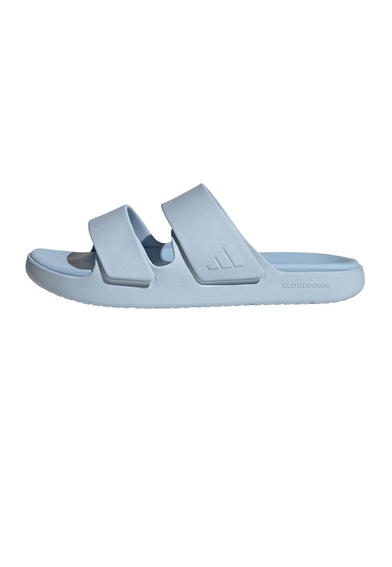 Sandali da spiaggia azzurri con due ampie fasce, superficie testurizzata e intersuola imbottita Cloudfoam. Design semplice, stile open-toe, suola resistente.