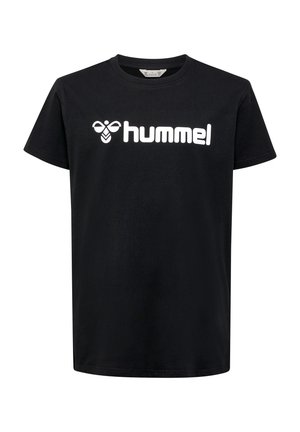 Czarny bawełniany T-shirt z krótkimi rękawami. Posiada biały nadruk z logo "hummel" na piersi. Klasyczny okrągły dekolt.