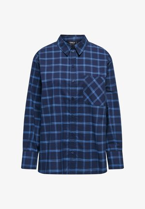 Navy pladekjortel med knapper og lange ærmer, der har en enkelt brystlomme og kontrasterende blå tern i en bomuldsblandingsstof.