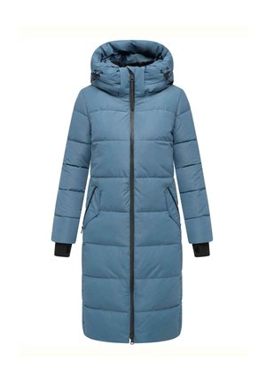 Lange blauwe gewatteerde winterjas met hoge kraag en capuchon, zwarte rits, zakken en mouwen met duimgaten.