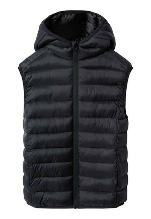 Czarna pikowana kamizelka bez rękawów z kapturem, zapinana na zamek z przodu, z poziomym wzorem pikowania.