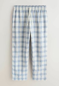 Lyseblå og hvide ternede pyjamasbukser med elastisk talje og hvid snøre, vist fladt på en lys baggrund.