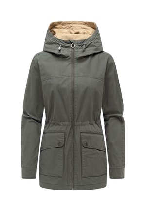 Olivengrønn hettejakke med frontglidelås, justerbar snor i midjen og hetten, samt to frontlommer med klaff og knapper.