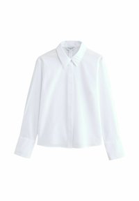 White long-sleeve shirt with a classic collar, button-up front, and straight cut. Soft fabric with a smooth texture and no visible patterns.