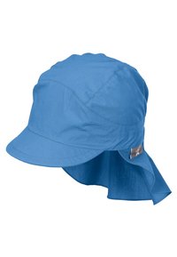 Blauer Hut mit einer breiten Krempe und einem verlängerten Nackenflügel. Hergestellt aus leichtem Stoff. Verfügt über ein Logoschild an der Seite. Nähte sind sichtbar.