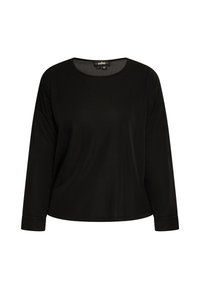 Top lungo nero a maniche lunghe realizzato in tessuto liscio, con scollatura rotonda e vestibilità rilassata, rifinito con polsi piegati sulle maniche.