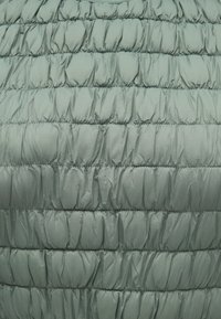Lichtgroen donsachtig materiaal, met horizontale doorgestikte secties en een gerimpelde textuur, die de warmte- en isolerende eigenschappen benadrukt.