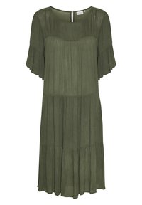 Vestido midi de color verde oliva suave, con mangas cortas con volantes, escote redondeado y falda fluida en capas.