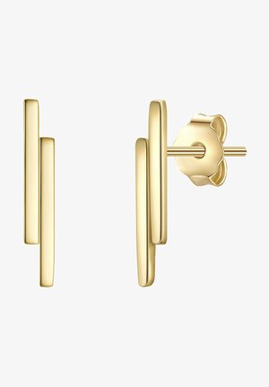 Geltonos aukso žiedinės auskarai su trimis pailgintais vertikaliais strypais, turinčiais lygius paviršius, ir gėlių šoniniu užsegimu, užtikrinančiu saugų pritvirtinimą.