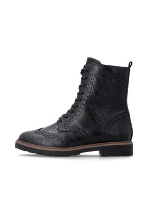 Black lace-up leather ankle boot with decorative perforations, brown welt, and thick rubber sole, viewed from the side on a white background.