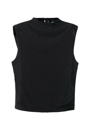 Zwarte mouwloze top met een hoge halslijn, voorzien van een gestructureerd oppervlak en een rits aan de achterkant. Reflecterende accenten door het hele stoffen.