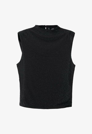 Črni brezrokavnik s visokim ovratnikom, z teksturirano površino in zadrgo na hrbtni strani. Osvetljevalni detajli po celotni tkanini.