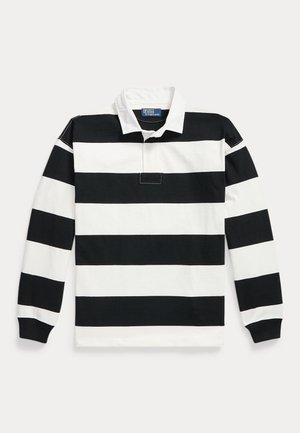 Pikemate ragbimärkidega särk, millel on laiad mustad ja valged horisontaalsed triibud ning valge krae, Polo Ralph Lauren brändisilt paistab krae sees.