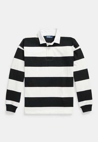 Rugbyshirt met lange mouwen met brede zwart-witte horizontale strepen en een witte kraag, Polo Ralph Lauren merklabel zichtbaar aan de binnenkant van de kraag.