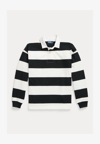 Maillot de rugby à manches longues avec larges rayures horizontales noires et blanches et un col blanc, étiquette de marque Polo Ralph Lauren visible à l'intérieur du col.