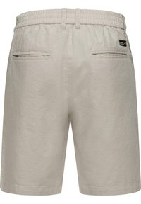 Beige kraťasy s elastickým pasem, dvěma bočními kapsami a dvěma zadními kapsami. Vyrobeny z lehkého materiálu s hladkou strukturou.