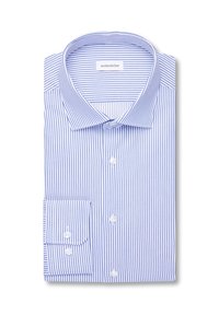 Camicia a righe blu e bianche, in cotone, con colletto button-down, vestibilità classica, polso singolo a bottone e bottoni bianchi sul davanti.