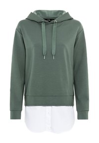 Zielona bluza z kapturem z warstwową, białą lamówką koszuli. Posiada długie rękawy, kaptur ze sznurkiem i luźny krój. Wykonana z miękkiego materiału.