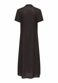 Robe marron foncé à manches courtes, longueur genou, légèrement évasée avec un col rond et des détails de couture minimaux. Texture lisse.
