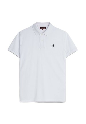 Polo bianca a maniche corte con due bottoni e un piccolo logo nero ricamato sul petto sinistro.