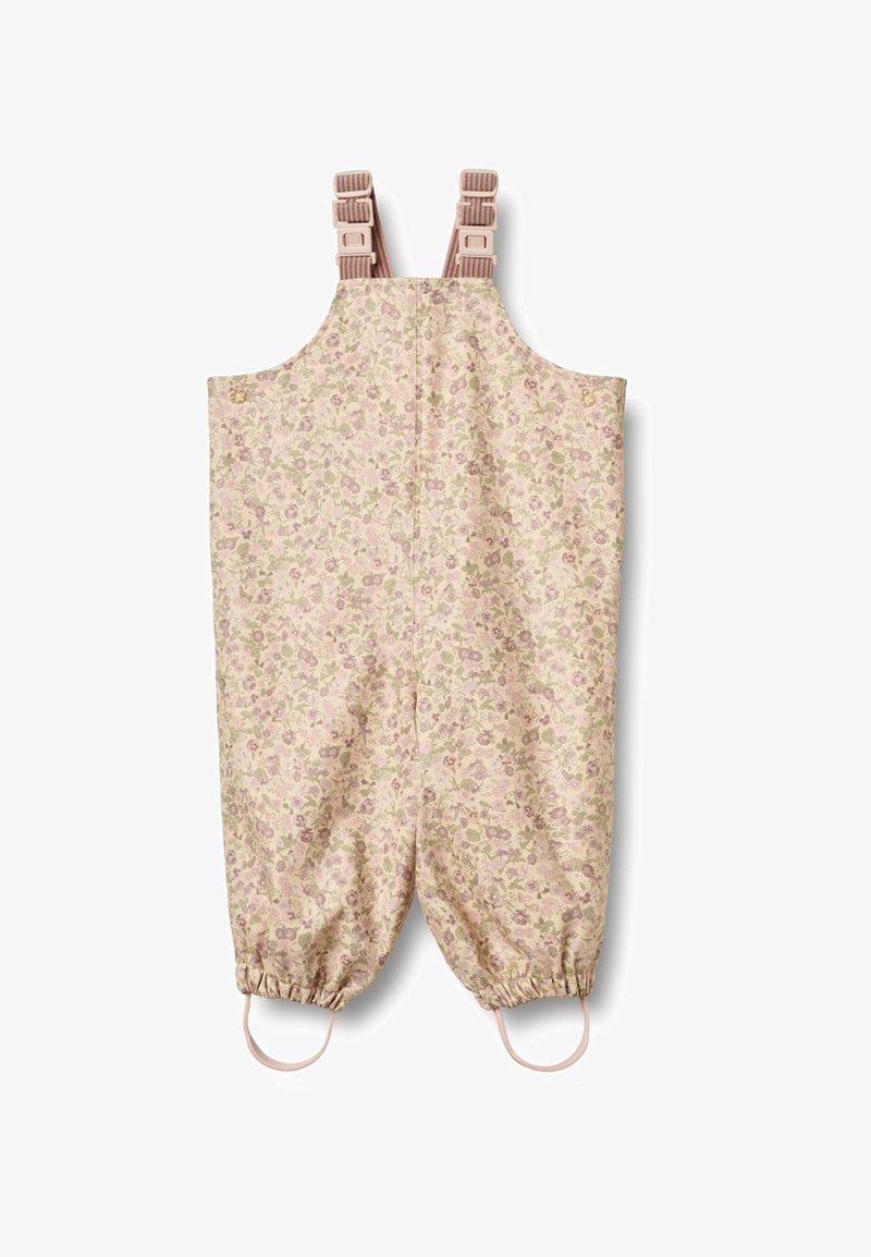 Blumenmuster-Latzhose in sanftem Beige mit verstellbaren Trägern, elastischen Bündchen und hellroten Akzenten, mit einer lockeren Passform und leichtem Stoff.