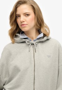 Sudadera gris con cremallera y capucha ajustable, que presenta un pequeño logotipo bordado, usada sobre una camisa de botonadura con rayas en azul claro. Textura suave.