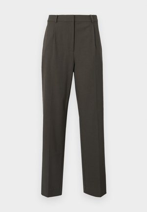 Temno sivi hlače iz gladkega materiala, s krojem po meri, ravnimi hlačnicami in minimalnimi sprednjimi pregibi.
