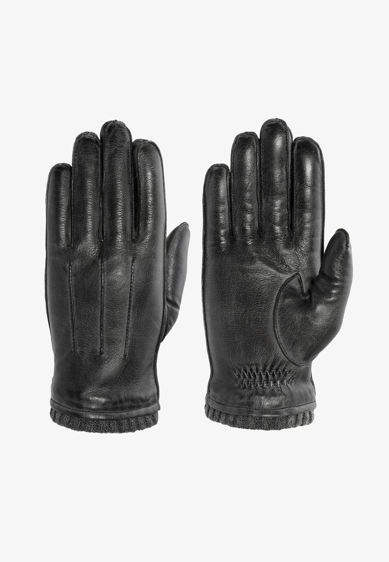 Schwarze Lederhandschuhe mit fünf Fingern, einer strukturierten Oberfläche, horizontalen Nähten und einem gestrickten Bündchen für Wärme.