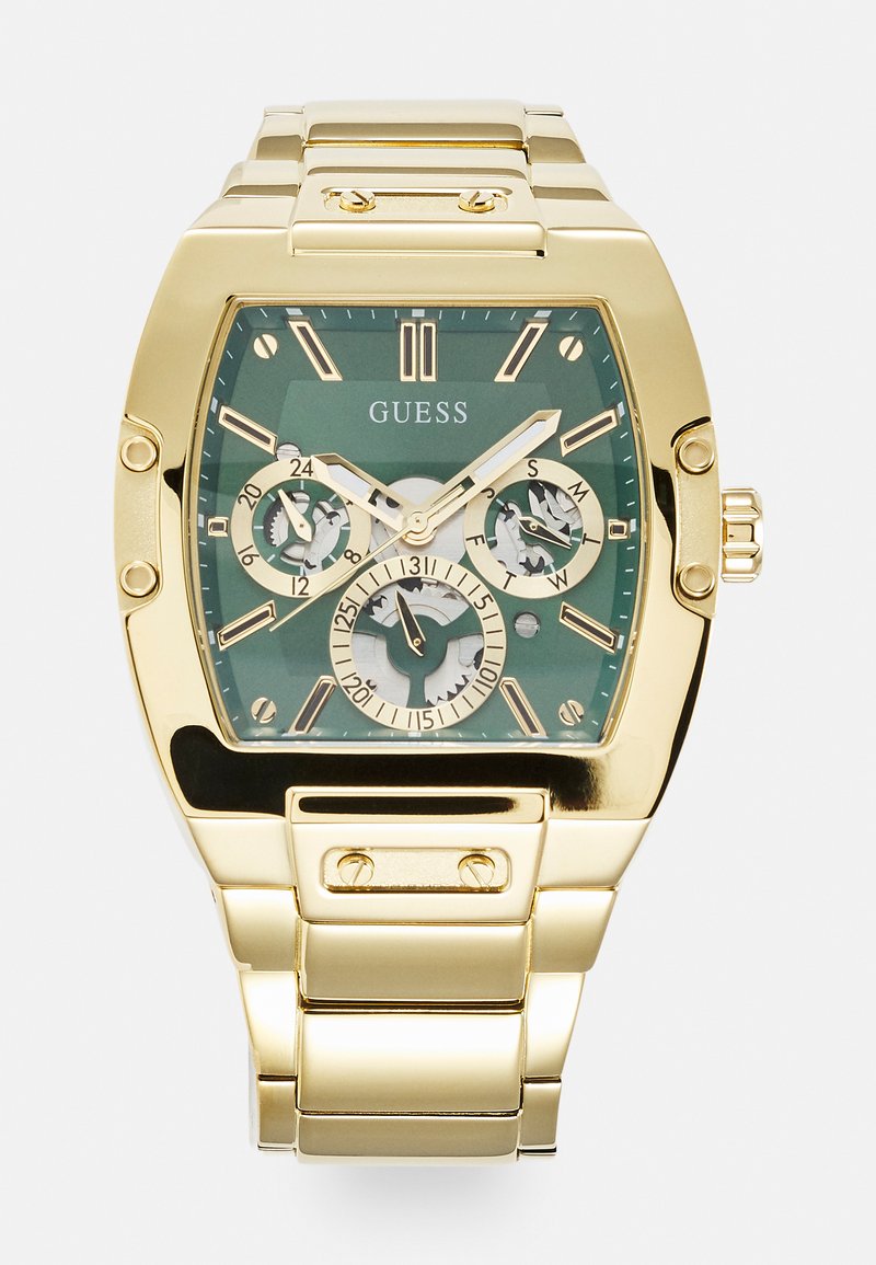 Gold-tone watch with a rectangular face, green dial, three sub-dials, and a metal band. Features bold hour markers and a textured finish.
