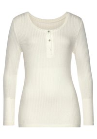 Witte top met lange mouwen en ribbels, voorzien van een ronde halslijn en een drie-knopen placket. Glad textuur en strakke pasvorm.