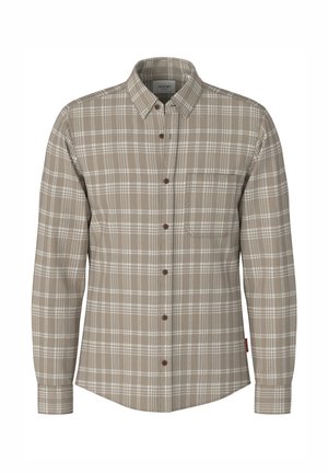 Beige Karomuster Langarmhemd mit Kragen und Brusttasche, aus weichem Stoff.