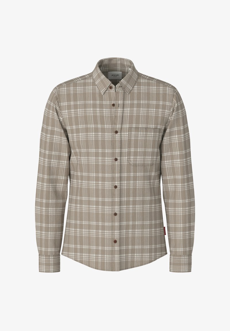 Beige Karomuster Langarmhemd mit Kragen und Brusttasche, aus weichem Stoff.