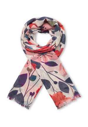 Let tørklæde med rødt, pink, lilla og marineblåt blomsterprint, løst viklet med frynsede ender synlige.