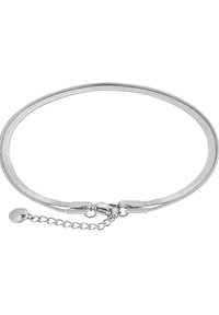 Pulsera de cadena de serpiente de metal plateado con una textura suave, que presenta un cierre seguro y una extensión de cadena ajustable para mayor versatilidad.