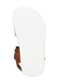 Bruine leren sandalen met een witte rubberen zool. Heeft een bandontwerp en een verstelbare gesp voor een stevige pasvorm. Getextureerde onderzijde.