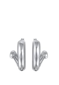 Silberne metallische Haken mit einem geschwungenen Design, die eine glänzende Oberfläche und eine schlanke, längliche Form mit ausgeprägten runden Akzenten aufweisen.